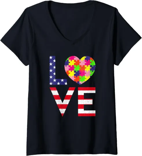 Discover Patriotic 4th of July USA Flag Autism Awareness Day Ladies' V-Neck Tshirt