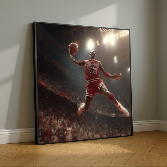 Iconic Basketball Dunk Canvas Wall Art, Sports Action Photography, Red Bulls Jersey, Athletic Sports Decor, Dynamic Basketball Poster