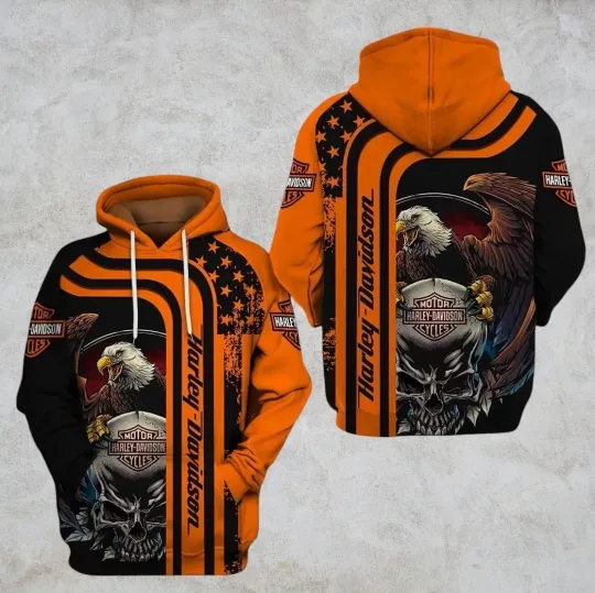 Discover Harrleyy Racing Daviidso'n 3D Eagle Skull Hoodie Orange Black Biker Pullover