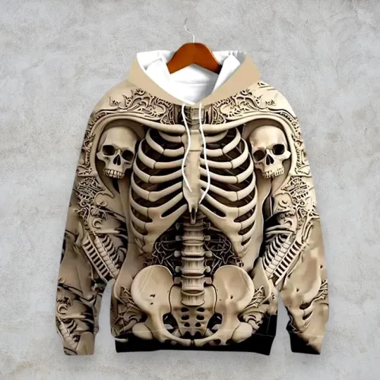 Discover 3D Skeleton Hoodie, Realistic Skull & Bones Pullover, Gothic Streetwear