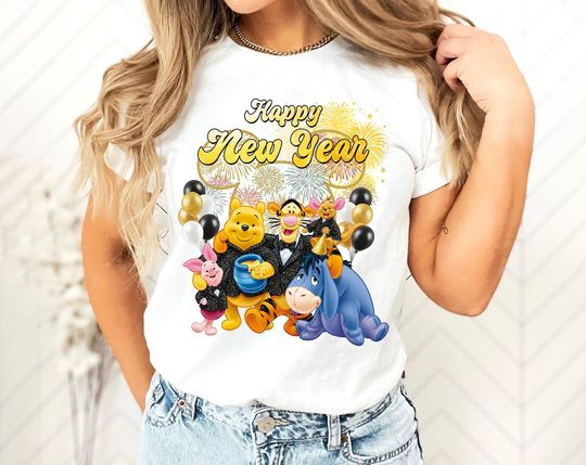 Discover Winnie The Pooh Disney Happy New Year 2025 Shirt, Walt Disney World Disneyland Holiday Family New Year's Eve Fireworks AXKA29