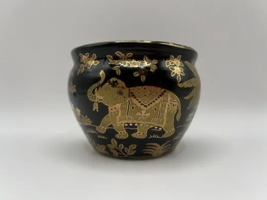 Discover Black Gold Elephant Planter Vase Pot Floral Design Asian Decorative Ceramic