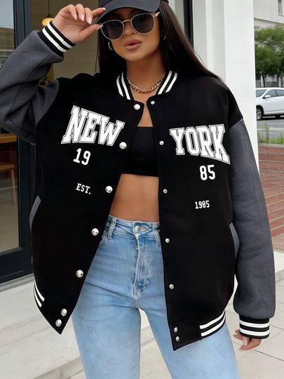 Discover Women's Oversized Baseball Jacket New York 1985 Print Casual Varsity Coat Streetwear Outerwear Trendy Jacket Freece Clothing