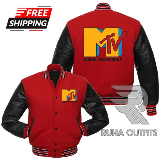 Discover MTV Music Television Vintage Red Wool/Leather Lettermen Baseball Varsity Jacket