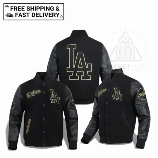 Discover LA Dodgers Blak Wool Leather Bomber Lettermen Baseball Varsity Jacket Hot