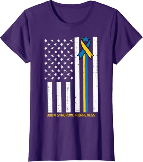 Discover Down Syndrome Awareness US Flag Trisomy 21 T21 Ladies' Crewneck T-Shirt