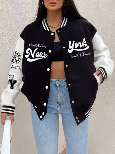 Discover Plus New York City Never Give Up Print Jackets Women Winter Fleece Warm Baseball Jersey Casual Pocket Coats Street Loose Clothes