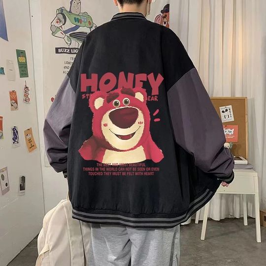 Discover Disney Strawberry Bear Jacket Men's Spring and Autumn Loose Handsome Hip Hop Jacket Trendy Versatile Baseball Uniform