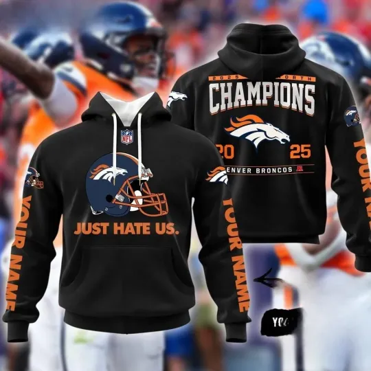 Discover Broncos 2025 Football North Champions Just Hate US Hoodie