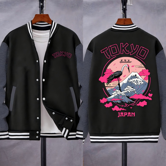 Tokyo Japan Crane Waves Pattern Jackets Men Hip Hop Fleece Baseball Uniform Oversized Pocket Clothes Autumn Male Streetwear