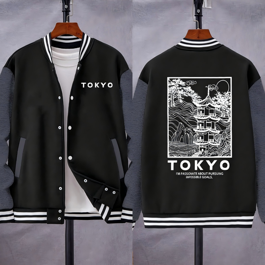 Tokyo Creative Building Cherry Blossom Letter Print Jackets Men Oversized Hip Hop Baseball Uniform Fashion Fleece Clothes