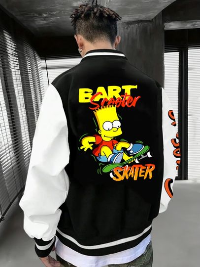 Discover The Bart Scooter Skater Printed Pattern and Text Baseball Jackets of The Pusen Family Are Selling Well in Autumn and Winter
