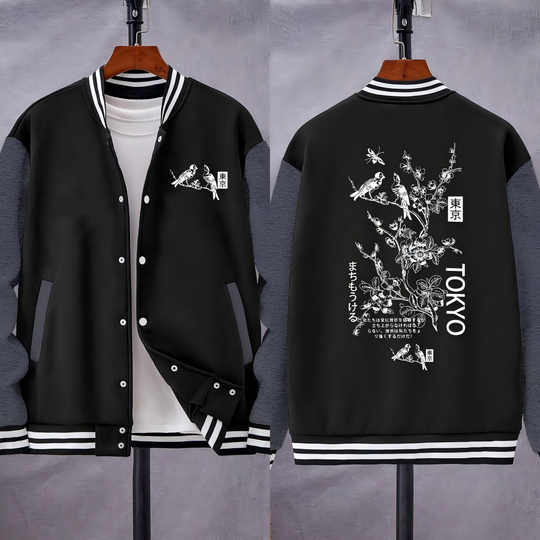 Discover Japan Tokyo Harajuku Cherry Blossom Bird Art Letter Print Men Baseball Uniform Fleece Pocket Jacket Loose Comics Streetwear