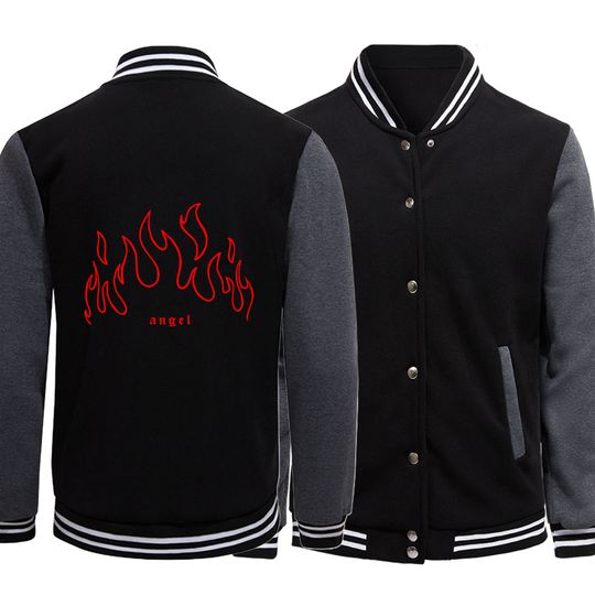 Discover Angel Red Fire Printed Coats Hip Hop Male Baseball Suit Single Breasted Pocket Jackets Comfortable Warm Soft Neutral Sportswear