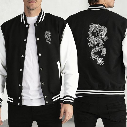 Discover Personality Dragon Posterprint Men Jackets Cute Fleece Loose Jacket Funny Oversize Streetwear Autumn Warm Coat Baseball Jersey