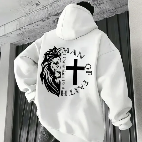 Discover Jesus Christ Style Hoodies 2025 Fall Winter New Arrival Hooded Long Sleeve Sweatshirts Man Off Faith Lion Print Hoody Outerwear