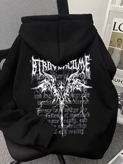 Discover Letter Wing Print Men Women Pullover Hoodie Outdoor Street Casual Sports Loose Hip Hop Trend Autumn Winter Warm Sweatshirt Top