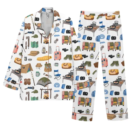 Discover Camping Pajama Set for Women, Outdoor Adventure Print Button Up Sleepwear