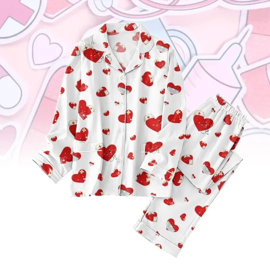 Discover Nurse Heart Pajamas Set, Medical Womens Pajamas, Cute Nurse Sleepwear