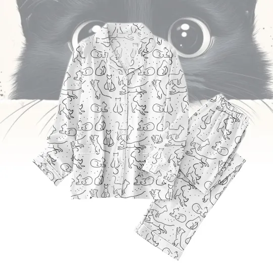 Discover Cat Line Art Pajamas Set, Cute Cat Womens Pajamas, Long Sleeve Sleepwear Set
