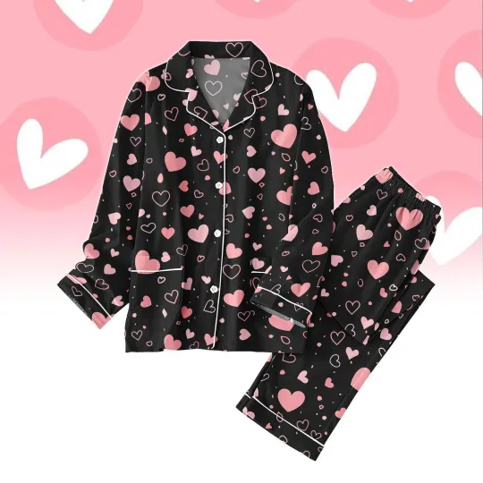 Discover Black Heart Pajamas Set, Cute Valentine Womens Pajamas, Pink Heart Sleepwear