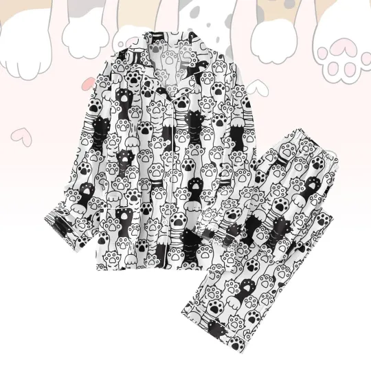 Discover Cute Cat Paw Pajamas Set, Cute Animal Pattern Sleepwear, Black Cat Long Sleeve