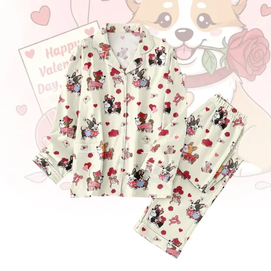 Discover Valentine Corgi Thick PJs Set, Cute Dog Long Thick Pajamas