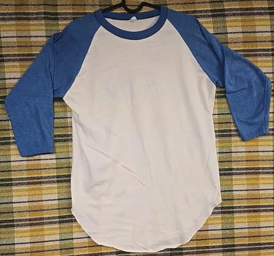 Discover Vtg 1980's Raglan White/Blue Long Sleeve T-Shirt, Size Large, Blank, Made in USA