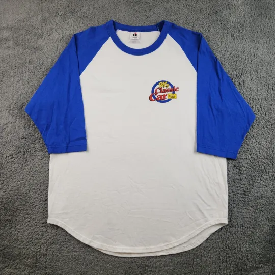 Discover Vintage 90's Raglan Baseball T Shirt Men's Large My Classic Car Logo White Blue