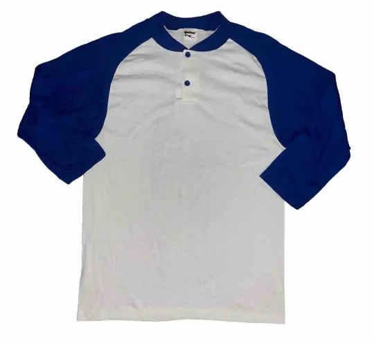 Discover Mens VTG 80s Blue White 3/4 Sleeve Henley Soft Thin Blank Jersey T Shirt Sz S/M