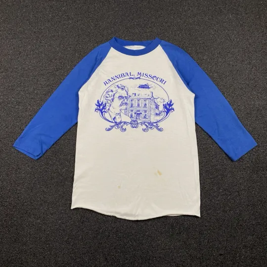 Discover Vintage 80s Hannibal Missouri Raglan T Shirt Size Medium White Blue 3/4 Sleeve