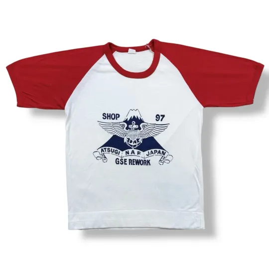 Discover Vintage 70s Japan Naval Air Facility Military Raglan 3/4 Sleeve T-Shirt Ringer