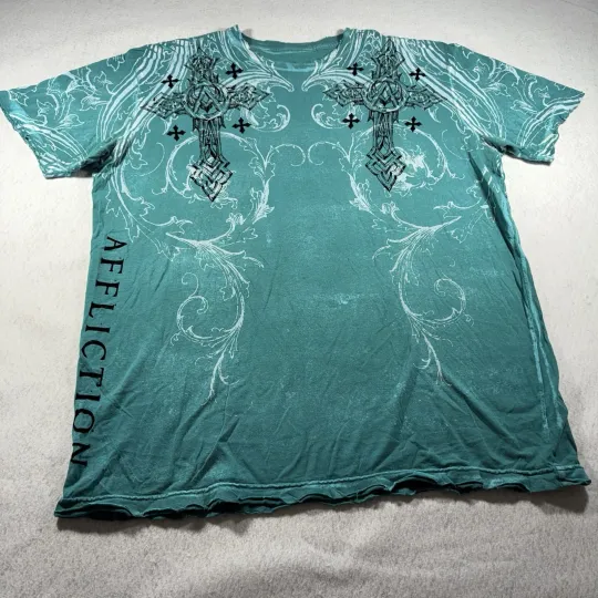 Discover Vintage Y2K Affliction Men T Shirt Live Fast Graphic Black L Cross Distressed