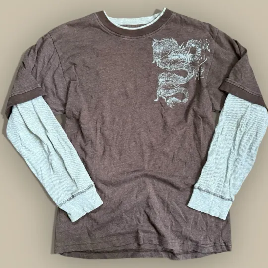 Discover Men's Layered Thermal T-Shirt Small Brown Waffle Knit  Y2K Machine Dragon Skater