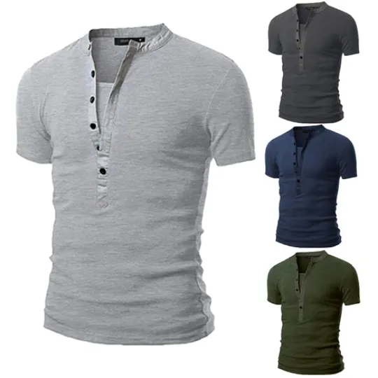 Discover Men's Button Up Short Sleeve Casual V-Neck Plain T-Shirt |