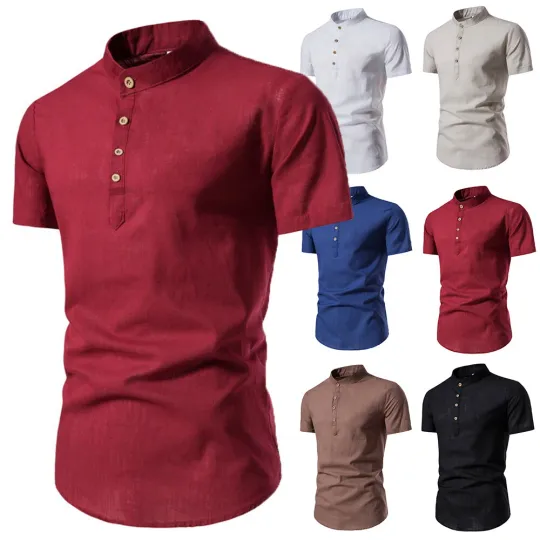 Discover Mens Cotton Linen Collared T Shirt Short Sleeve Top Summer /