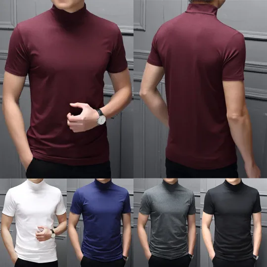 Discover DE men's stand-up collar shirt short sleeve casual T-shirt slim fit undershirt top)