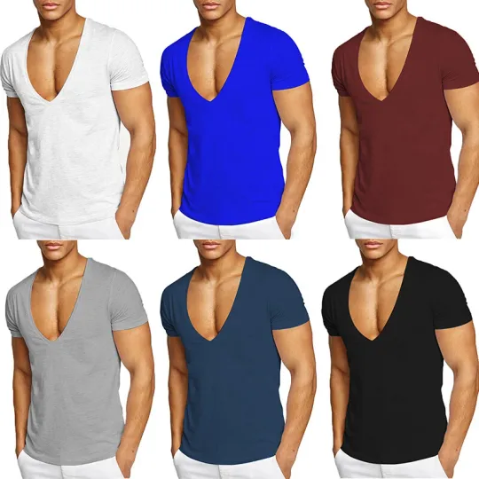 Discover Mens Short Sleeve Deep V Neck Slim Fit Clubwear T-Shirt с