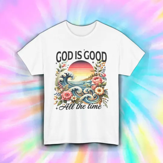 Discover God Is Good Shirt Christian Floral Ocean Sunset Faith Bible Verse Tee S-5XL