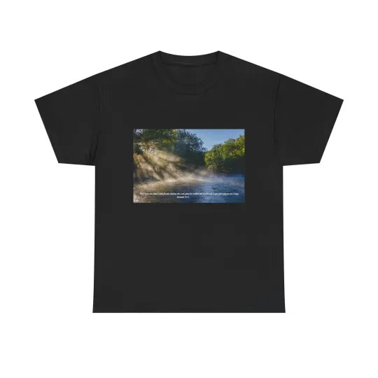 Discover Sunlit River Scene T-Shirt | Morning Mist Nature Photo