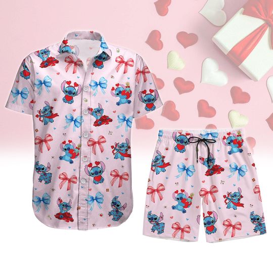 Discover Disney Stitch Valentine Shirt, Lilo and Stitch Love Short, Be Mine Stitch Heart Button Shirt, Happy Valentine's Day Out For Couple