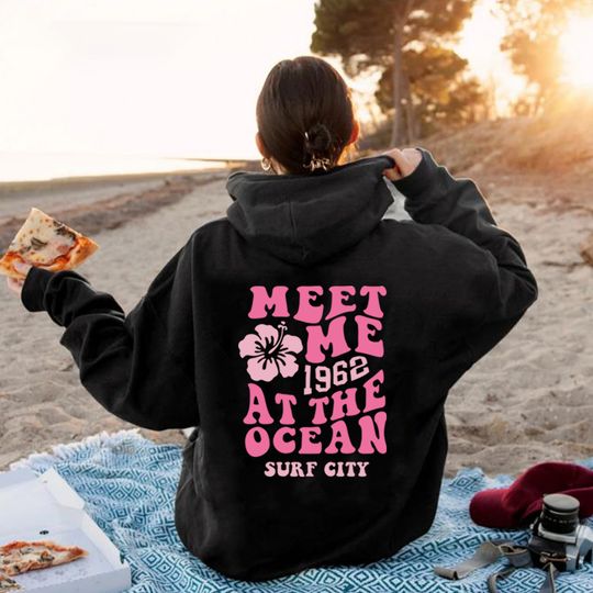 Discover Meet Me At The Ocean Hoodie Ocean Beach Hooded Sweatshirt Retro California Aesthetic Vsco Hoodies with Back Printing Tumblr Tops