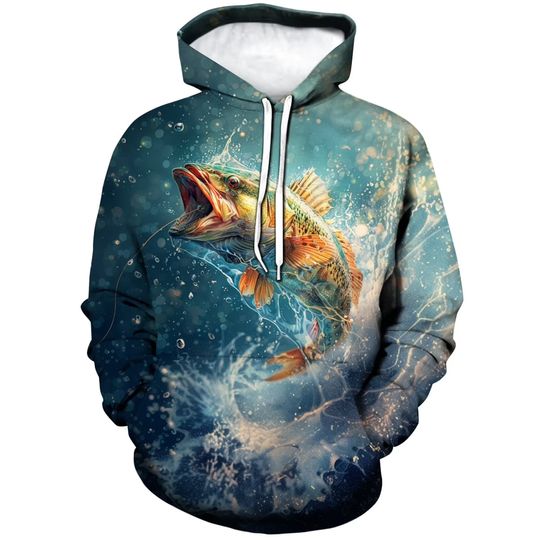 Discover Rebaike Men's 3D Bass Fishing Hoodie Jumping Largemouth Bass Pullover Sweatshirt  2026