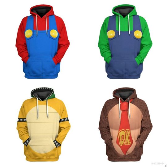 Super Mario Bros. 3D Hoodie Long Sleeve Unisex Adult Cosplay Luigi Bowser Fire Dragon Top Casual Sweatshirt