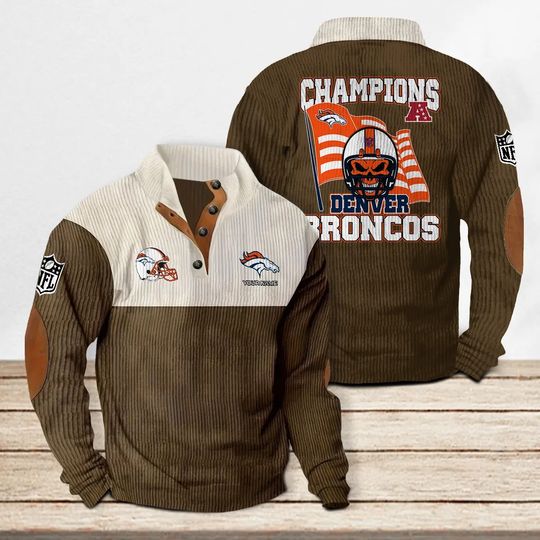 Denver Broncos Corduroy Stand Collar Sweatshirt, Men Football Clothing, Game Day Outfit
