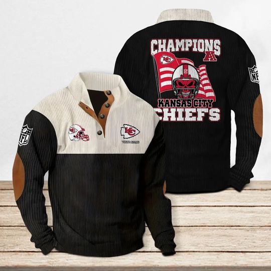 Kansas City Chiefs Corduroy Stand Collar Sweatshirt, Men Football Clothing, Game Day Outfit