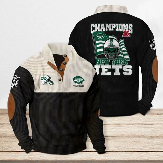New York Jets Corduroy Stand Collar Sweatshirt, Men Football Clothing, Game Day Outfit
