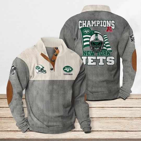 New York Jets Corduroy Stand Collar Sweatshirt, Men Football Clothing, Game Day Outfit