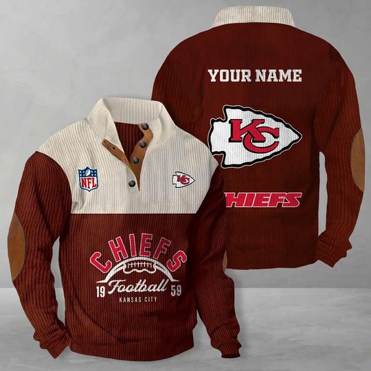 Kansas City Chiefs Corduroy Stand Collar Sweatshirt, Men Football Clothing, Game Day Outfit