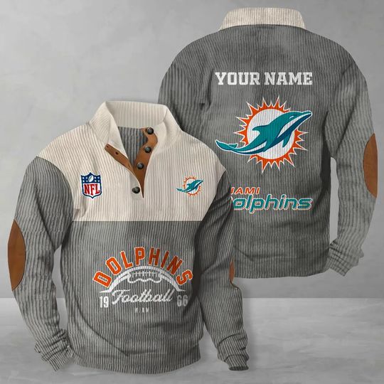 Miami Dolphins Corduroy Stand Collar Sweatshirt, Men Football Clothing, Game Day Outfit